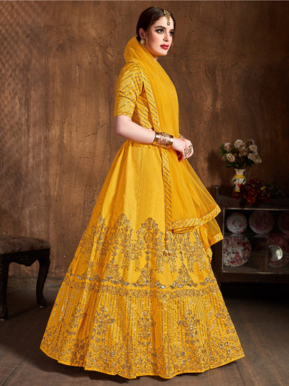 Art Silk Engagement Sangeet Lehenga with Embroidered work in Yellow color-82112