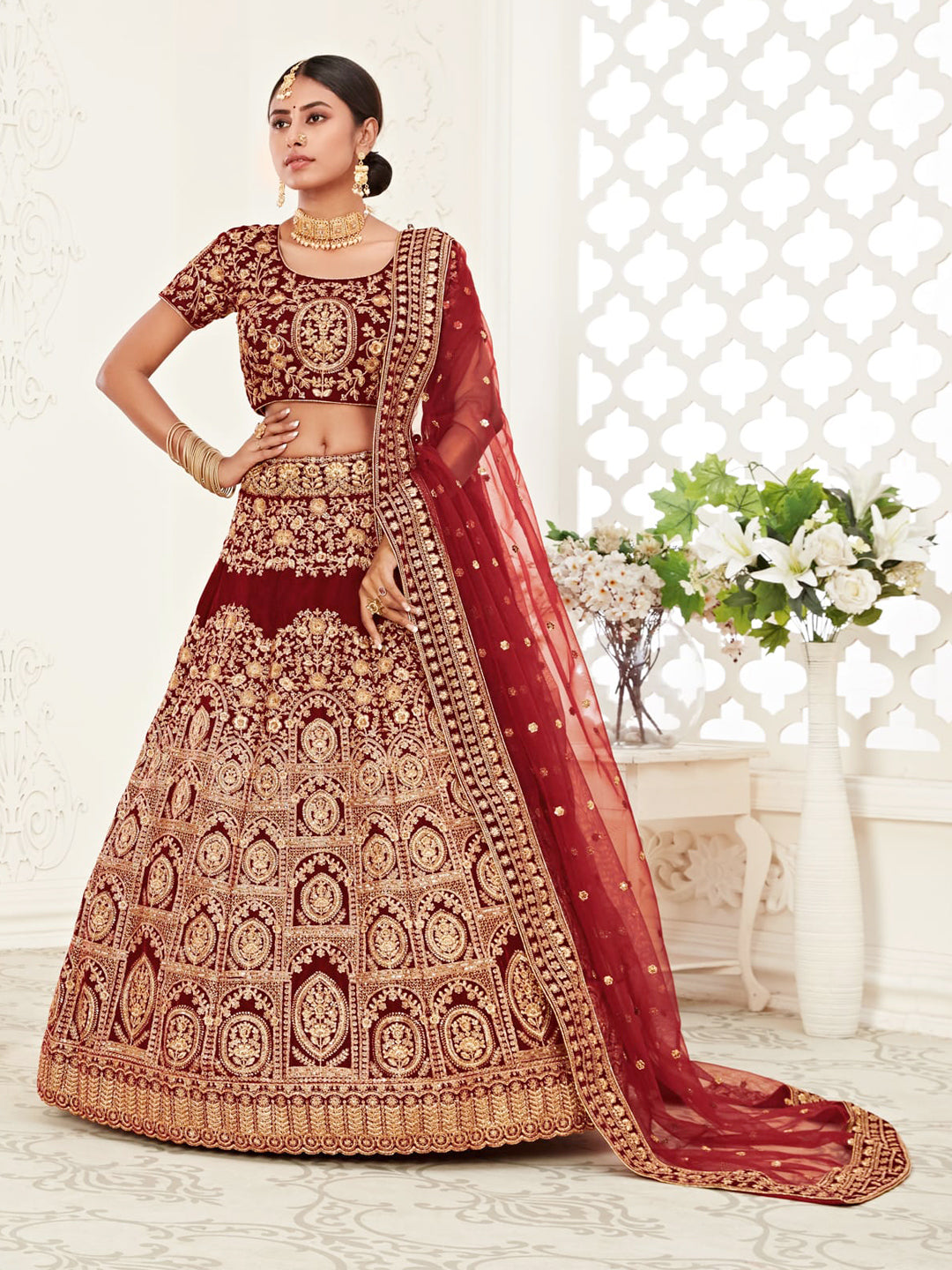 Silk Bridal Lehenga with Embroidered work in Maroon color-82122