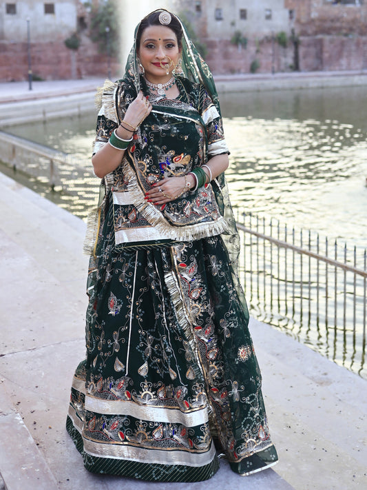 Bandhani Royal Pure Premium quality  Rajputi Poshak with Kasab Barik work in Green color-91345