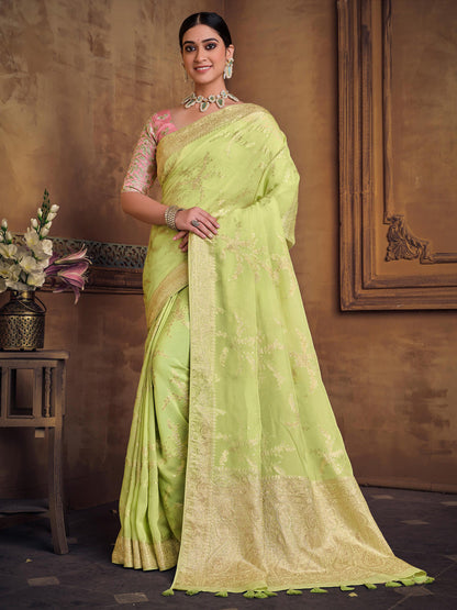 Zari Fancy Partywear South Indian wedding Saree In Green Color-81609