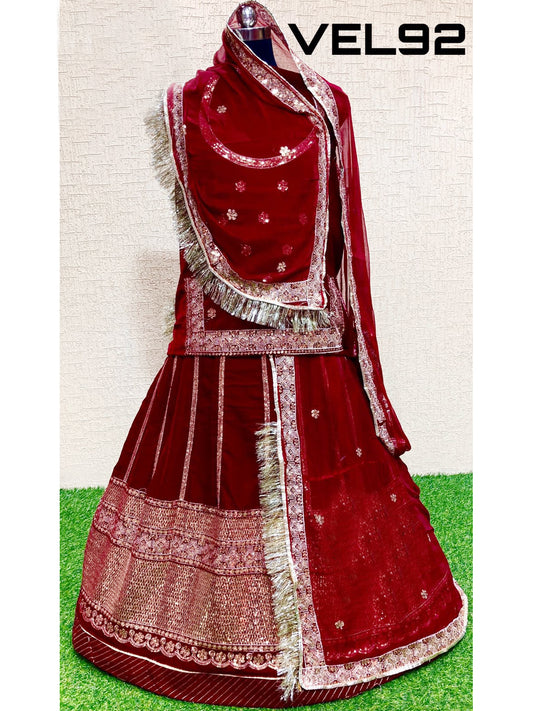 Velvet wedding Sangeet Sequence work Rajputi Poshak In Red Color-82011