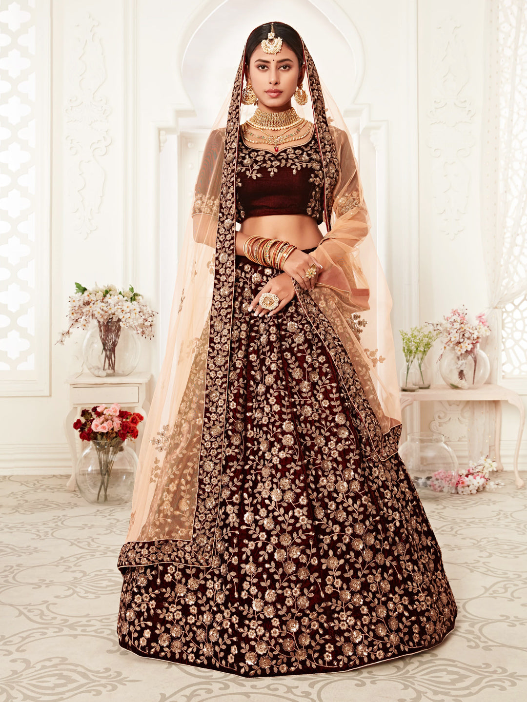 Velvet Bridal Lehenga with Embroidered work in Maroon color-82113