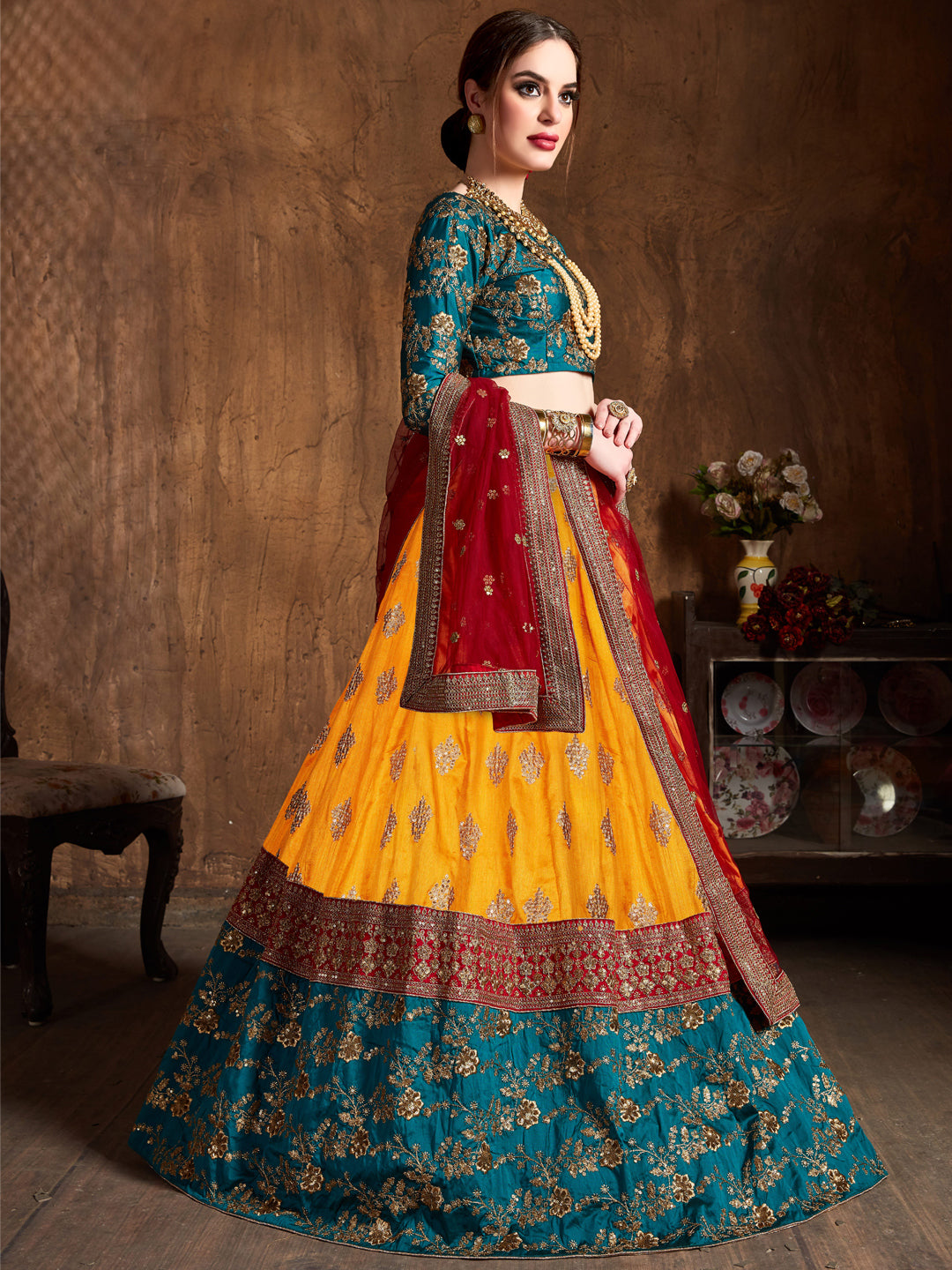 Banarasi Silk Engagement Sangeet Lehenga with Embroidered work in Yellow color-82110