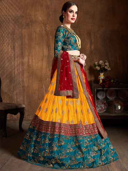 Banarasi Silk Engagement Sangeet Lehenga with Embroidered work in Yellow color-82110