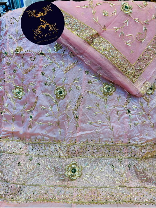 Bember Satin and Thakurgi Pure Bridal wedding Kundan dabka work Rajputi Poshak In Light pink Color-81943