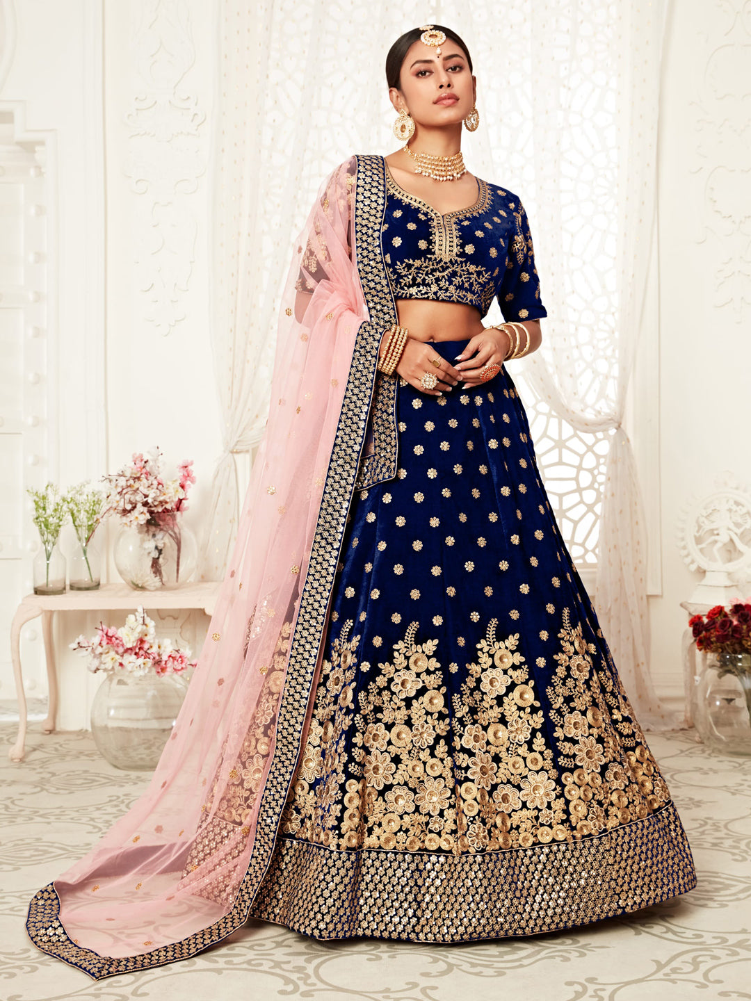 Velvet Bridal Lehenga with Embroidered work in Blue color-82116