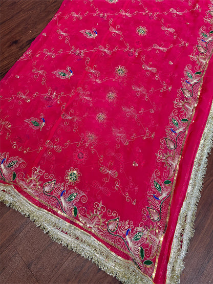 7 Meter Full Gher Gorgette Wedding Traditional Rajputi Poshak with Zari work In Pink color-61145