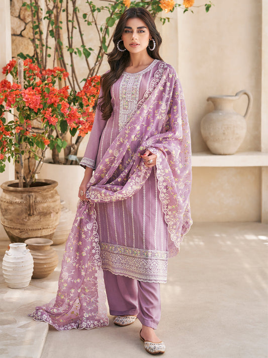 Embroidered Silk Un-Stitched Salwar Kameez in Purple Color-81592