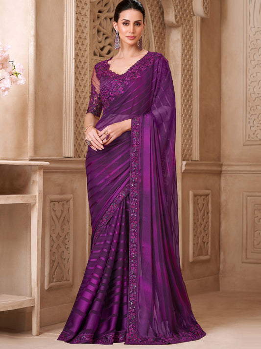 Mulberry Sartin Pattern Georgette with  Embroidery Saree-32003