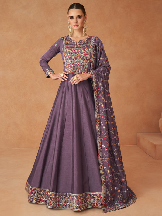Embroidered Silk Free Size Stitched Flor length Salwar Kameez in Purple Color-81597