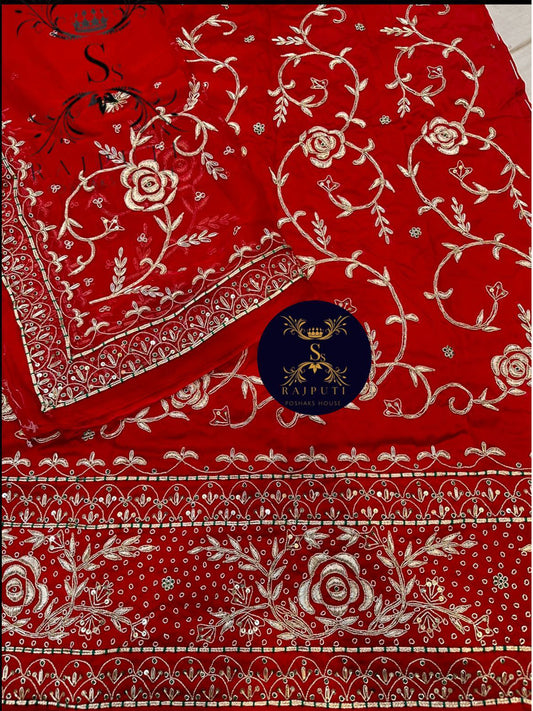 Bember Satin and Thakurgi Pure Bridal wedding Kundan dabka work Rajputi Poshak In Red Color-81953