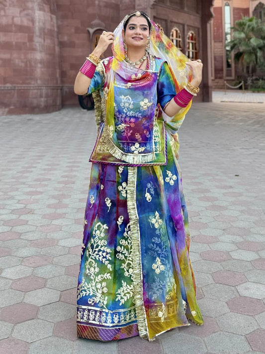 Shibori Organza Festive Sikhiya Codding Work Rajputi Poshak In Multicolor-81153