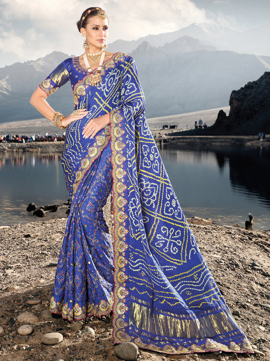 Original Mirror Pure Gjji Bandhej Printed Wedding Bridal Saree In Blue Color-81663