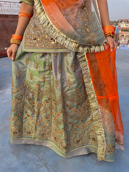 Silk Tissue Fabric PartyWear Sequence Codding Work Rajputi Poshak In Green and Orange Colour-81155