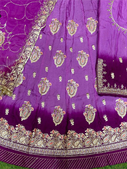 Hand Crystal Upada Silk Traditional Double Shaded Wedding Rajputi Poshak In Purple Color-81944