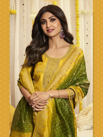 Meena Work Pure Viscose Dola Jacquard Hald and Sangeet Salwar Kameez in Yellow Color-81604