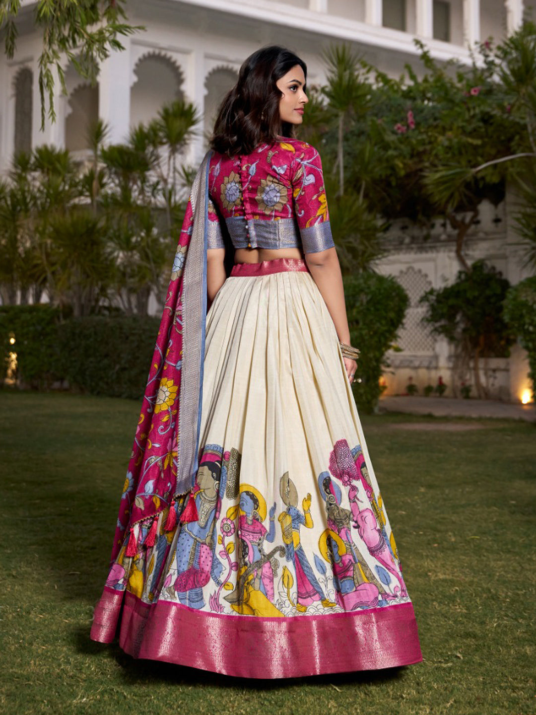 Kalamkari Printed Jacquard Silk wedding sangeet Semi-Stitched Lehenga Choli -91084