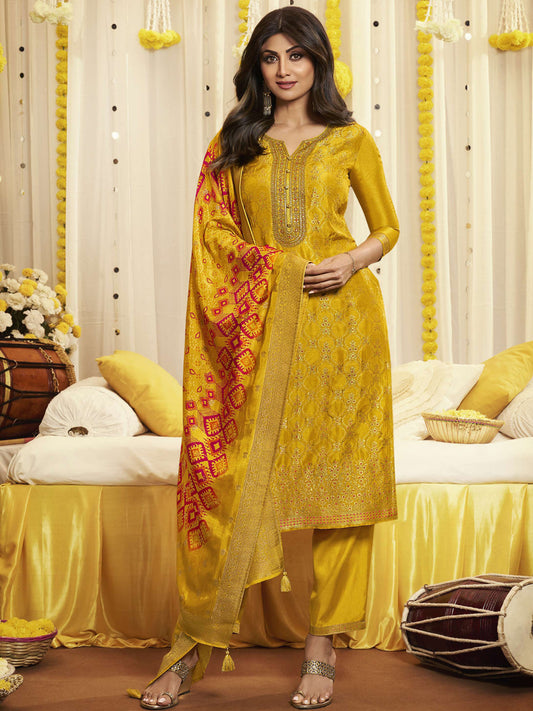 Meena Work Pure Viscose Dola Jacquard Hald and Sangeet Salwar Kameez in Yellow Color-81605