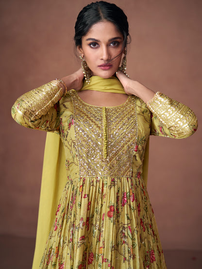 Sequence Pure Organza Silk Free Size Gown style Salwar Kameez in Yellow-71043