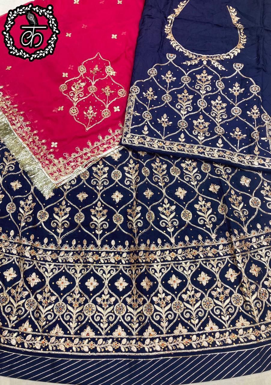 Zari Upada Creap Wedding Sangeet Rajputi Poshak In Blue Color-61016