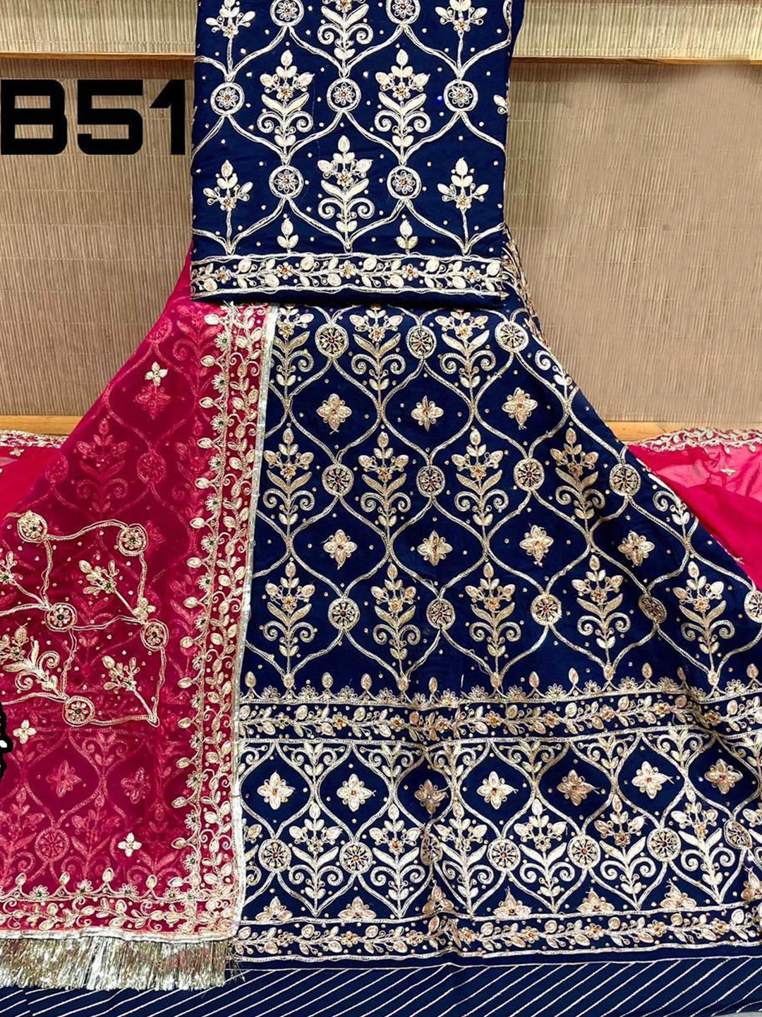 Zari Upada Creap Wedding Sangeet Rajputi Poshak In Blue Color-61016