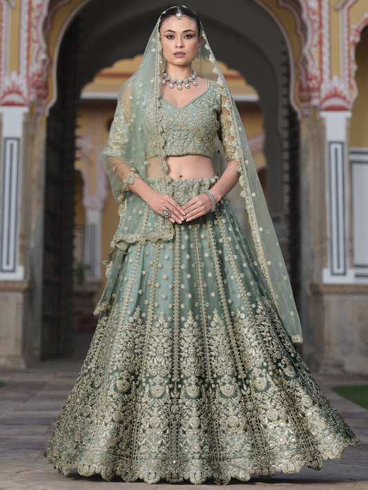 Pure Butterfly Net Semi-Stitched Lehenga Choli In Gray color -91069