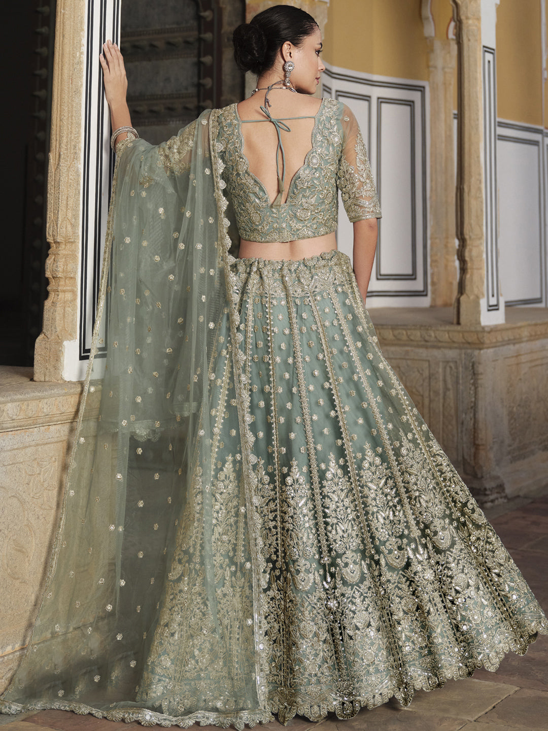 Pure Butterfly Net Semi-Stitched Lehenga Choli In Gray color -91069