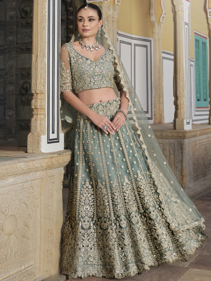 Pure Butterfly Net Semi-Stitched Lehenga Choli In Gray color -91069