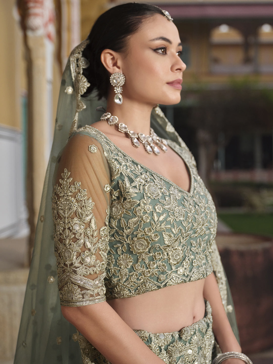 Pure Butterfly Net Semi-Stitched Lehenga Choli In Gray color -91069