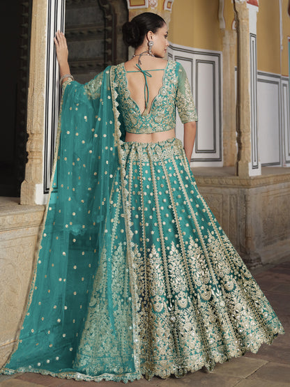 Pure Butterfly Net Semi-Stitched Lehenga Choli In Blue color-91071