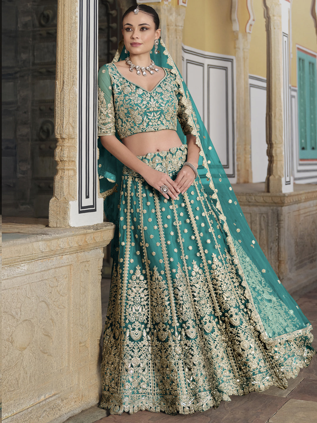 Pure Butterfly Net Semi-Stitched Lehenga Choli In Blue color-91071