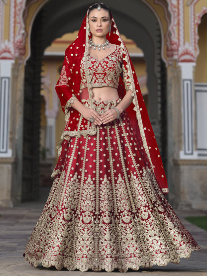 Pure Butterfly Net Semi-Stitched Lehenga Choli In Red color-91072