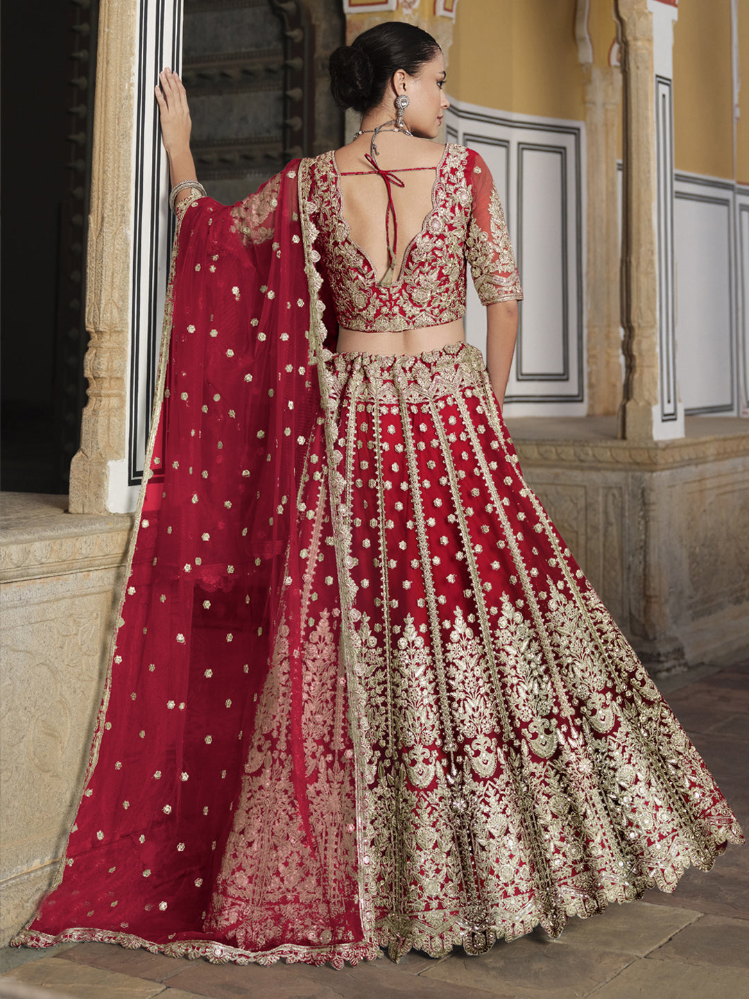 Pure Butterfly Net Semi-Stitched Lehenga Choli In Red color-91072