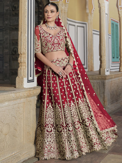 Pure Butterfly Net Semi-Stitched Lehenga Choli In Red color-91072