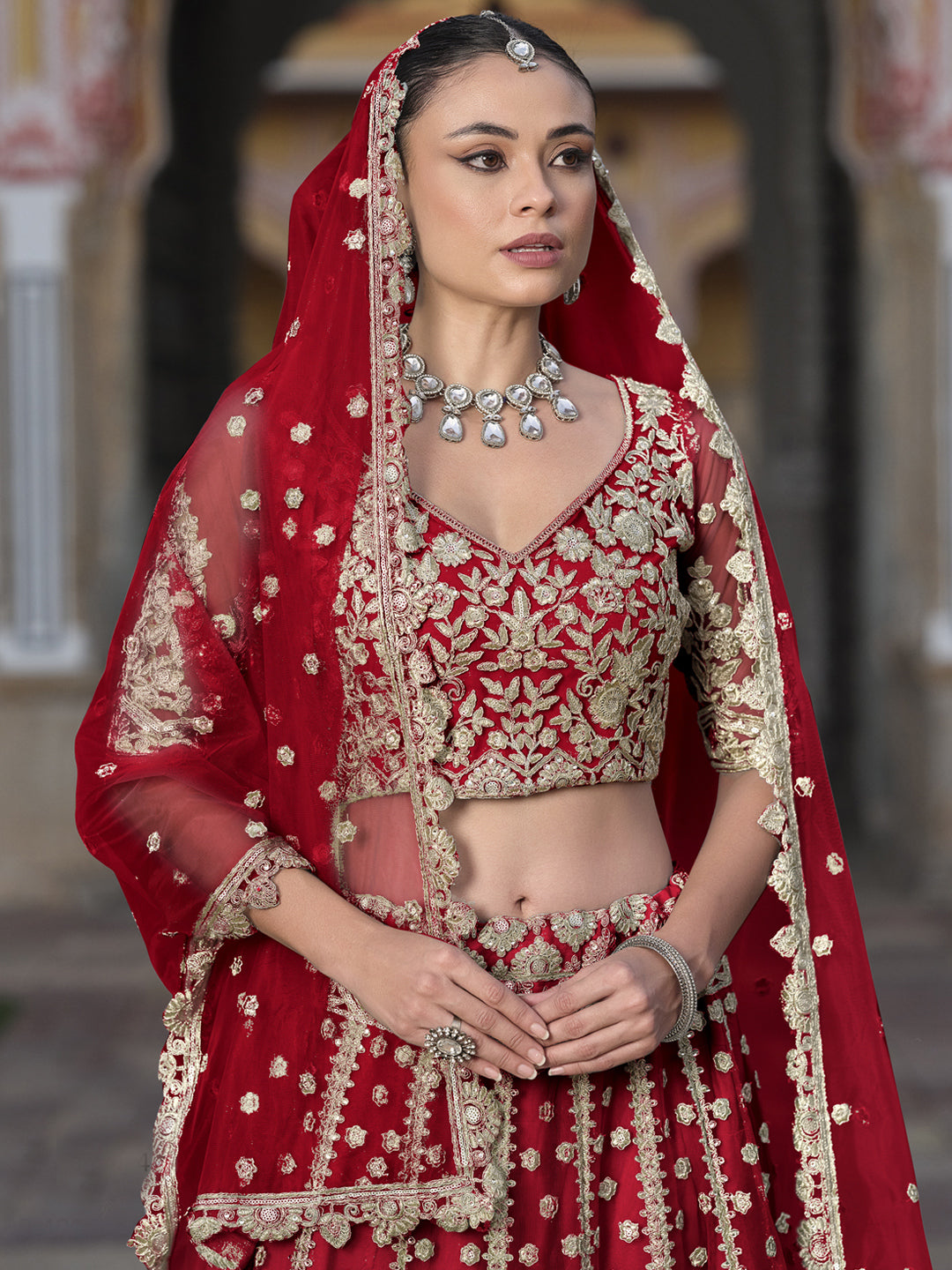 Pure Butterfly Net Semi-Stitched Lehenga Choli In Red color-91072