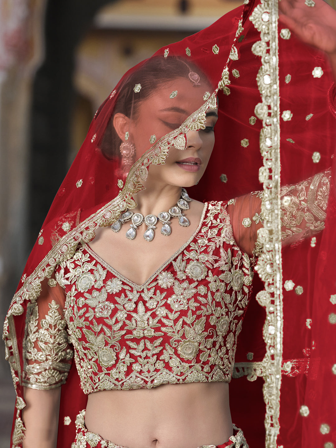 Pure Butterfly Net Semi-Stitched Lehenga Choli In Red color-91072