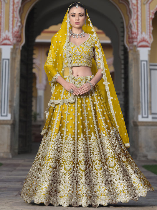 Pure Butterfly Net Semi-Stitched Lehenga Choli In Yellow color-91073