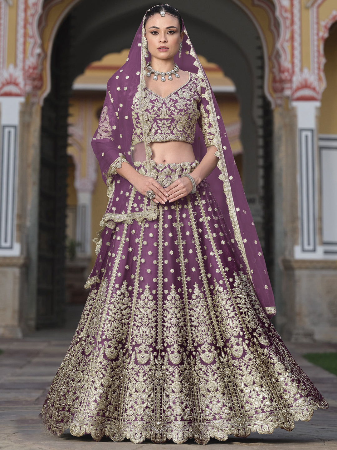 Pure Butterfly Net Semi-Stitched Lehenga Choli In Purple color-91074