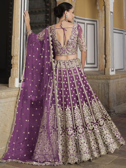 Pure Butterfly Net Semi-Stitched Lehenga Choli In Purple color-91074