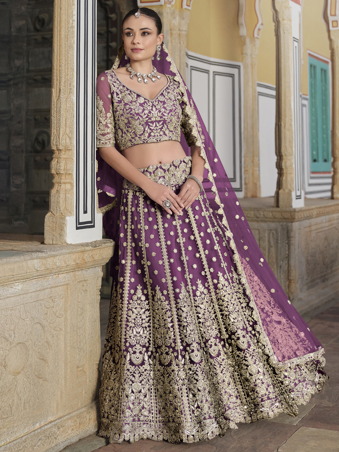 Pure Butterfly Net Semi-Stitched Lehenga Choli In Purple color-91074