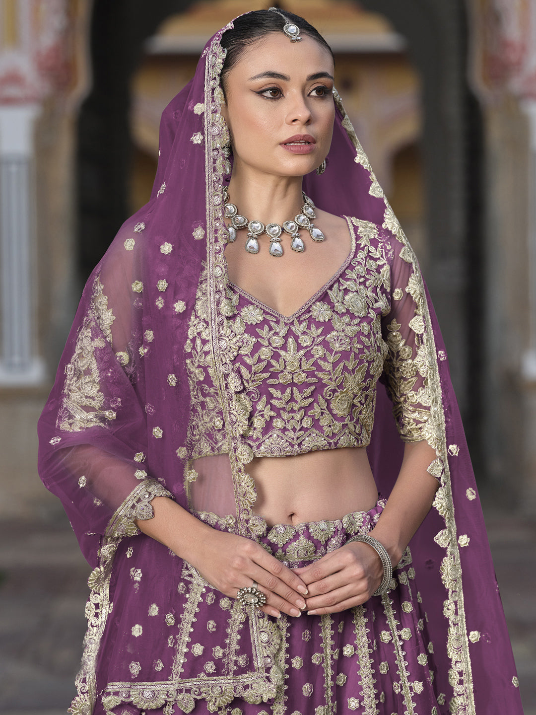 Pure Butterfly Net Semi-Stitched Lehenga Choli In Purple color-91074