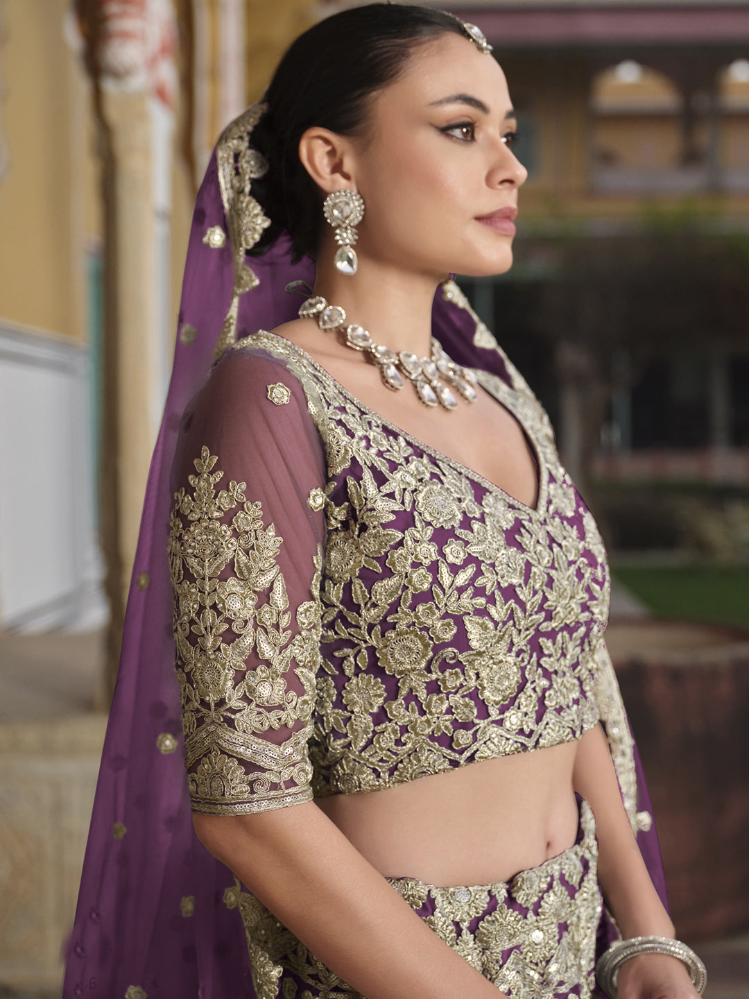 Pure Butterfly Net Semi-Stitched Lehenga Choli In Purple color-91074