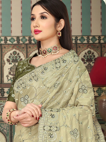 Embroidered Organza Bridal Traditional Saree In Green Color-81708