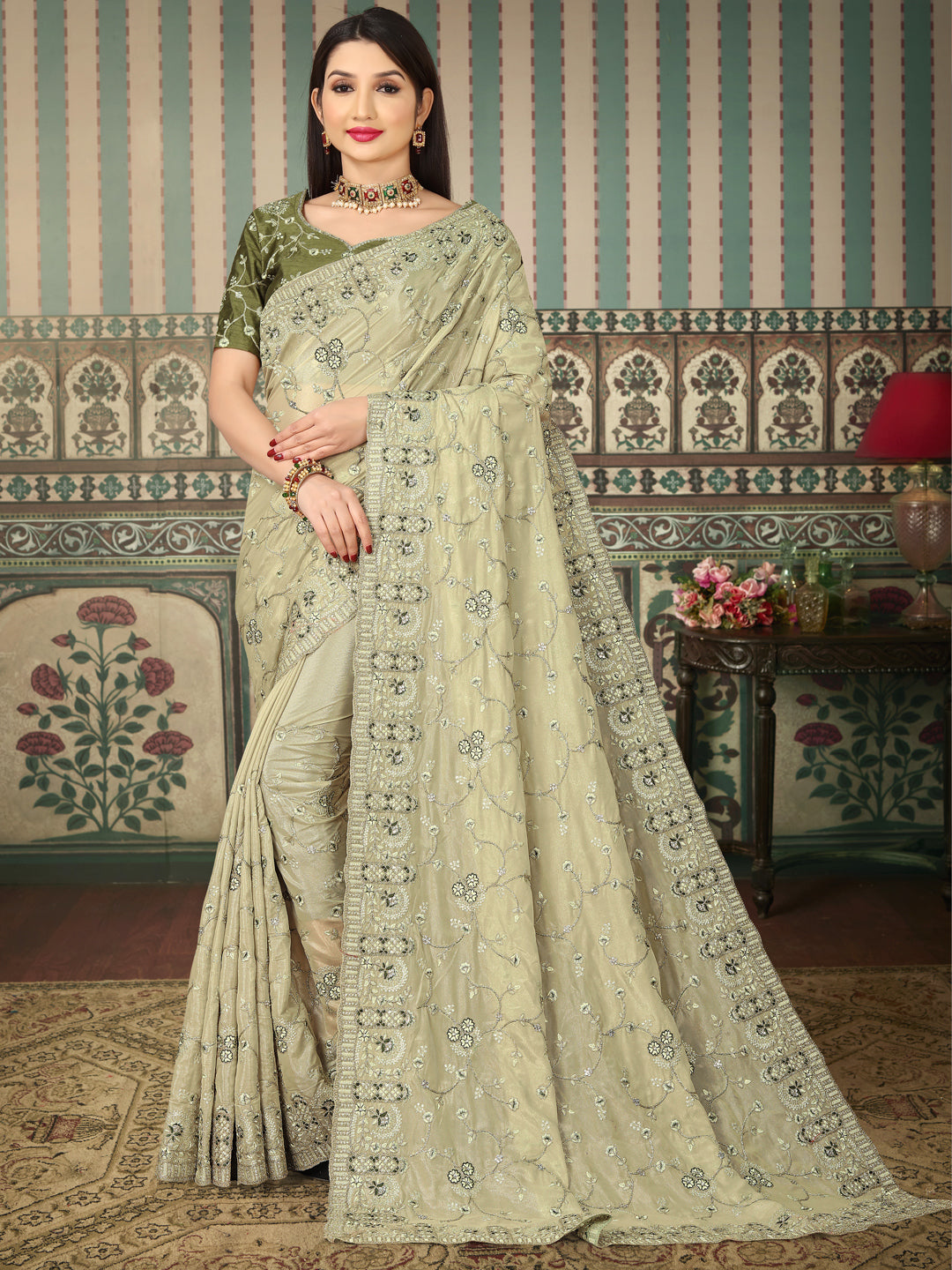 Embroidered Organza Bridal Traditional Saree In Green Color-81708