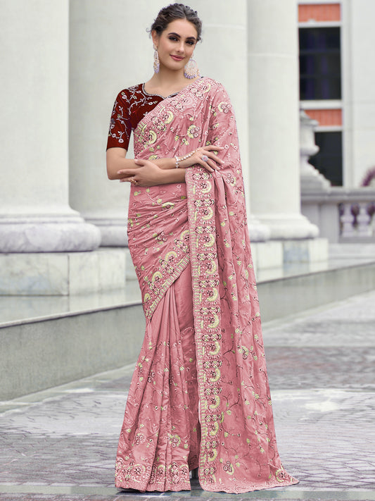 Embroidered Organza Bridal Traditional Saree In Pink Color-81709