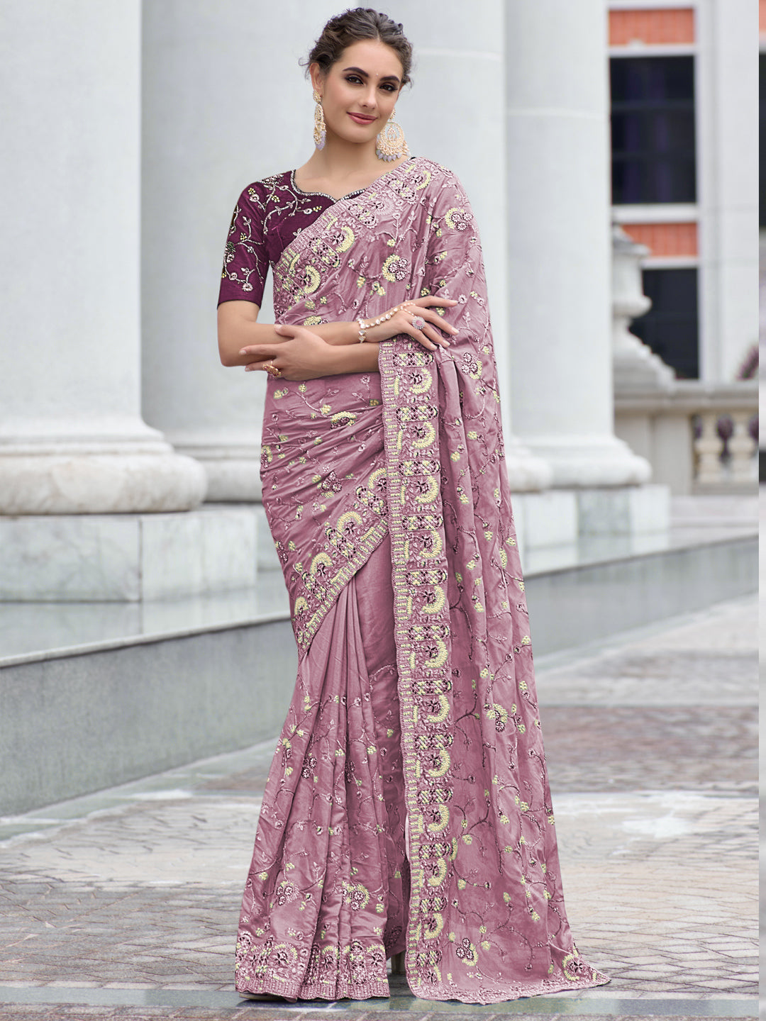 Embroidered Organza Bridal Traditional Saree In Purple Color-81710