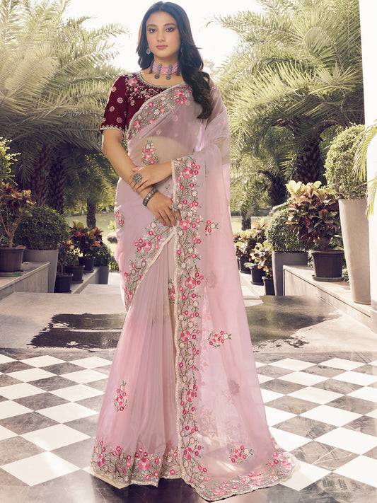 Embroidered Georgette Bridal Traditional Saree In Pink Color-81711