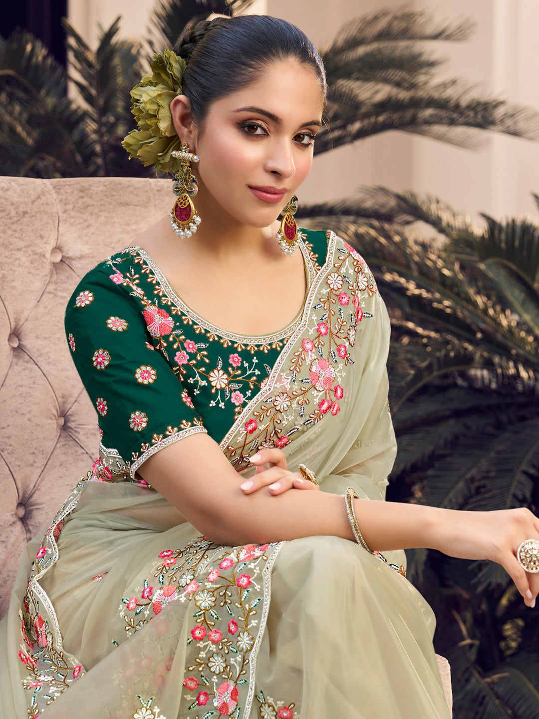 Embroidered Georgette Bridal Traditional Saree In Green Color-81712