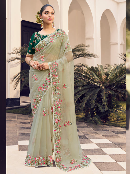 Embroidered Georgette Bridal Traditional Saree In Green Color-81712