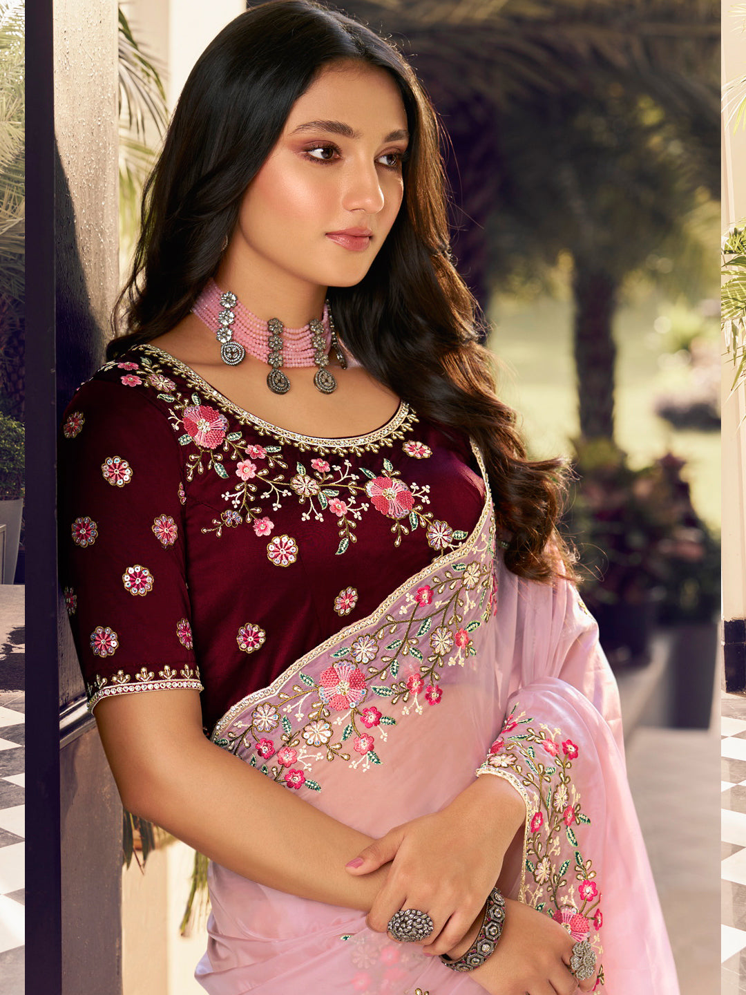 Embroidered Georgette Bridal Traditional Saree In Pink Color-81713